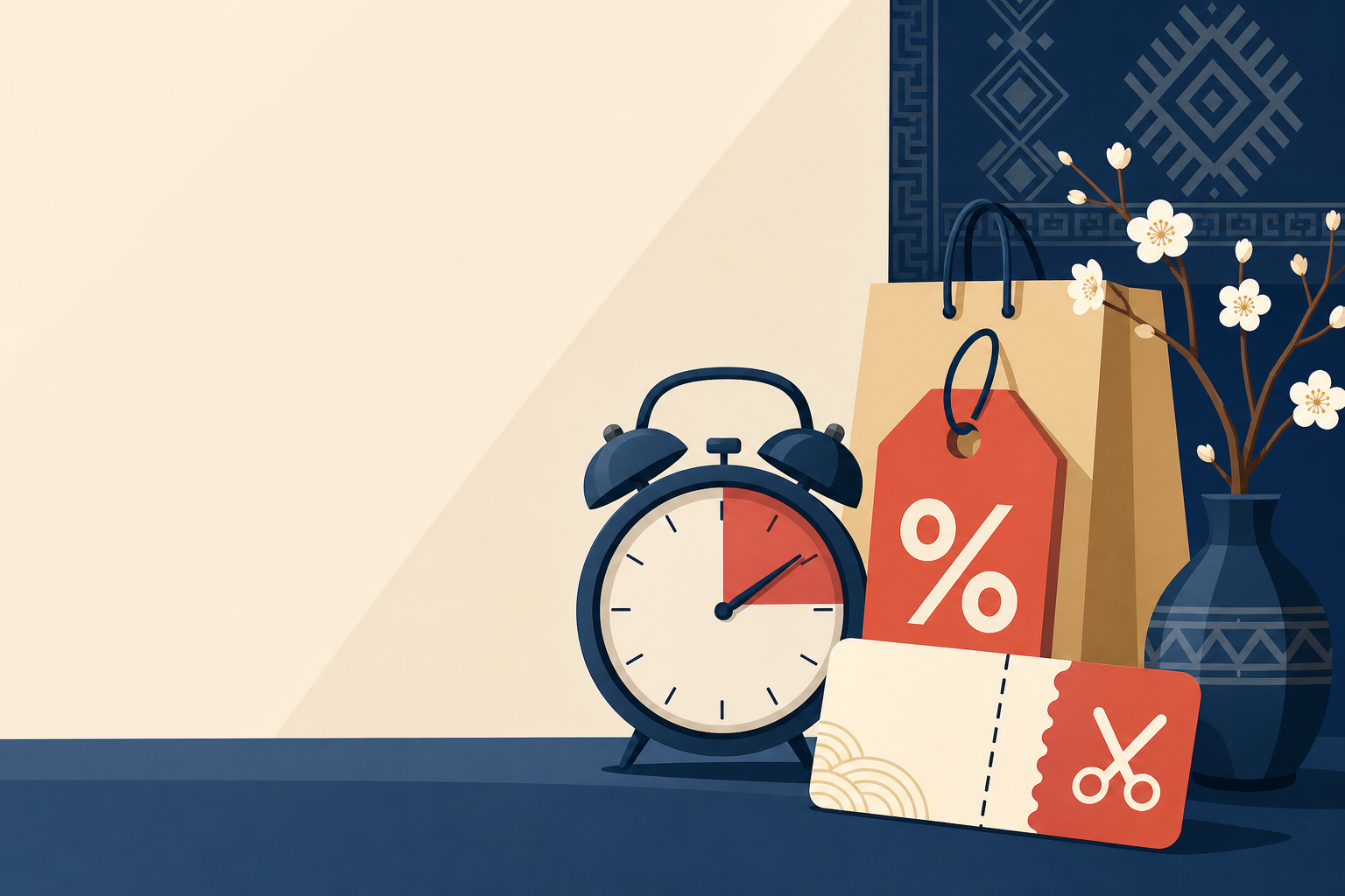 Illustrated navy alarm clock beside a shopping bag with a percent-sign price tag and a scissors coupon, symbolizing seller coupons discount codes alon
