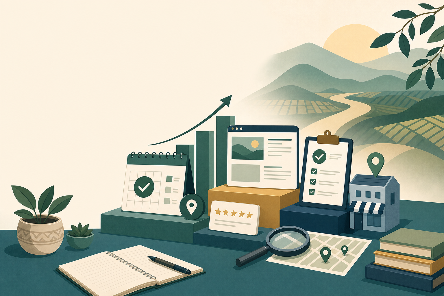 Flat-style illustration representing small business SEO tips with a calendar checklist, growth chart, website mockup, star ratings, map pins, magnifyi