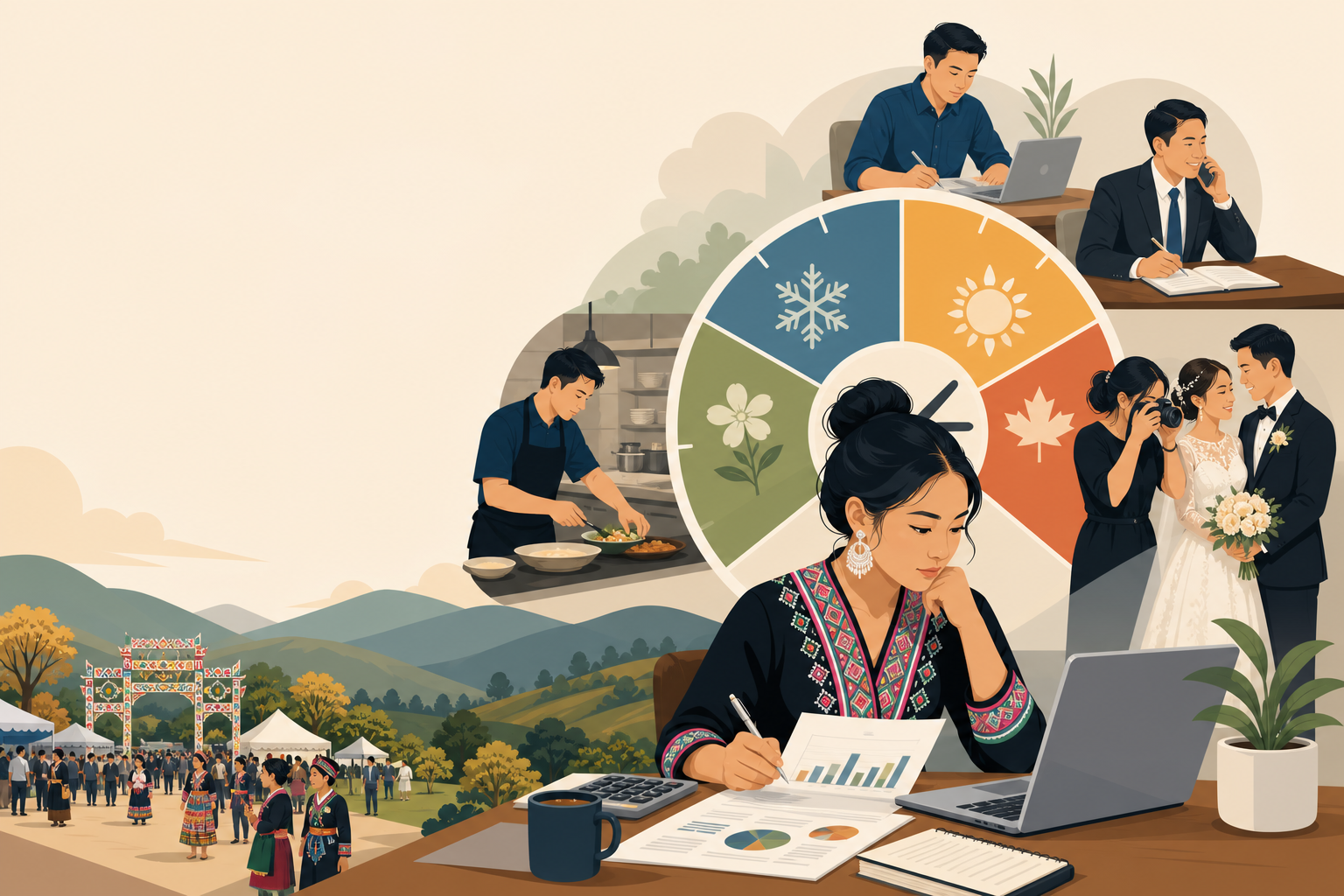 Illustration showing a woman in traditional embroidered attire reviewing charts and a laptop beside a four-season wheel, with vignettes of a chef, off