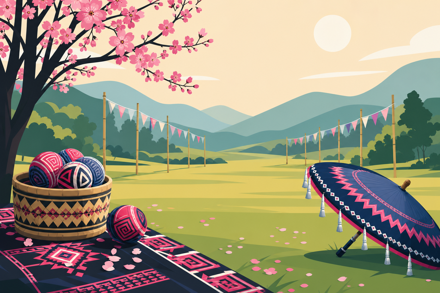 Illustrated countryside scene for a Hmong New Year traditions guide, showing woven pov pob balls on a patterned cloth, an embroidered umbrella, bamboo