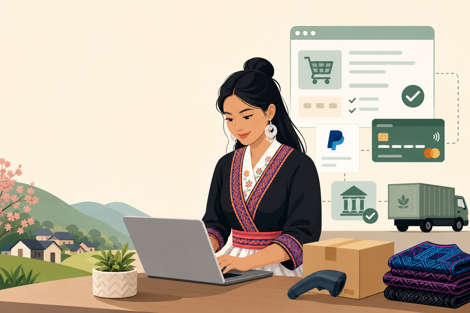 Illustration of a woman in traditional embroidered attire using a laptop for a Shopify free trial store setup, surrounded by icons for shopping cart, 