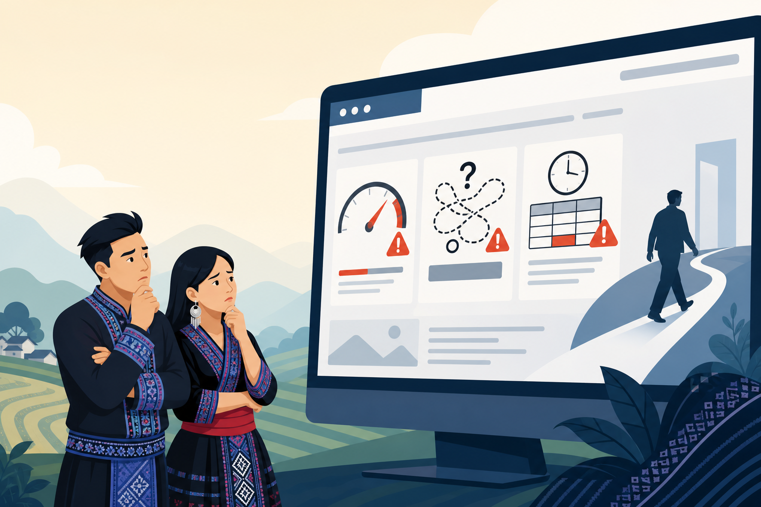Illustration of a couple in traditional embroidered attire looking thoughtfully at an oversized monitor displaying warning icons for speed, confusion,