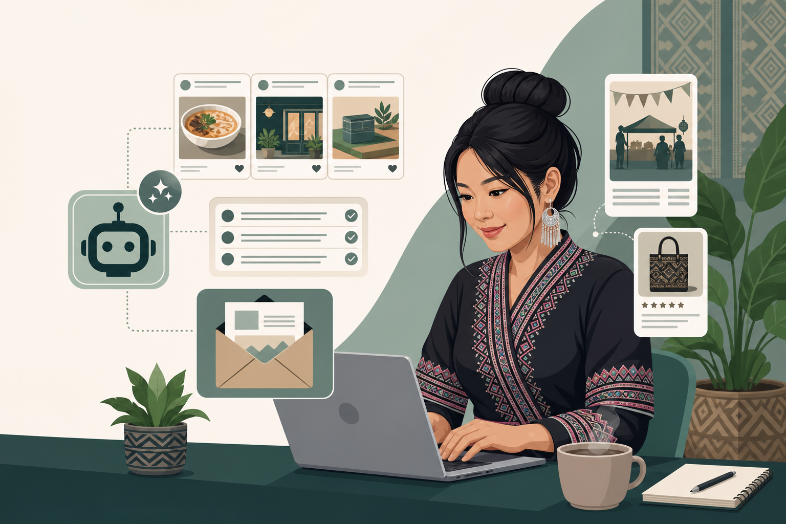 Illustration of a woman in traditional embroidered attire using a laptop surrounded by icons for a chatbot, email, social posts, and product cards, re