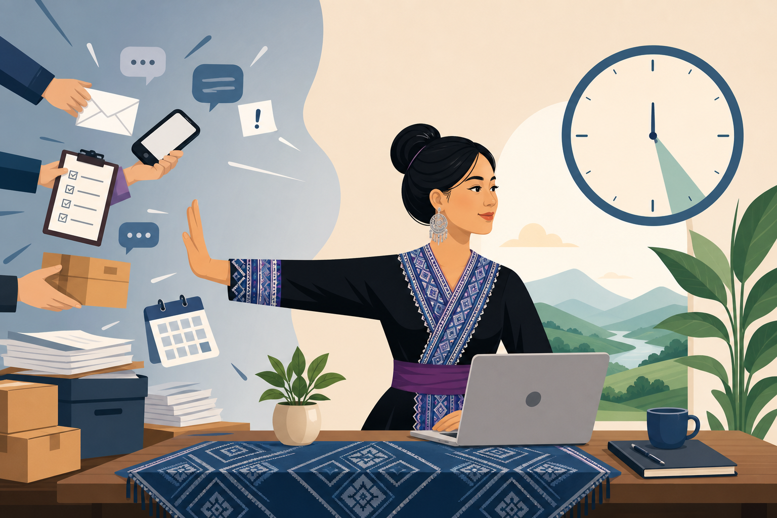 A woman in traditional embroidered attire sits calmly at a laptop, raising her hand to block distracting hands offering mail, phones, boxes, and paper