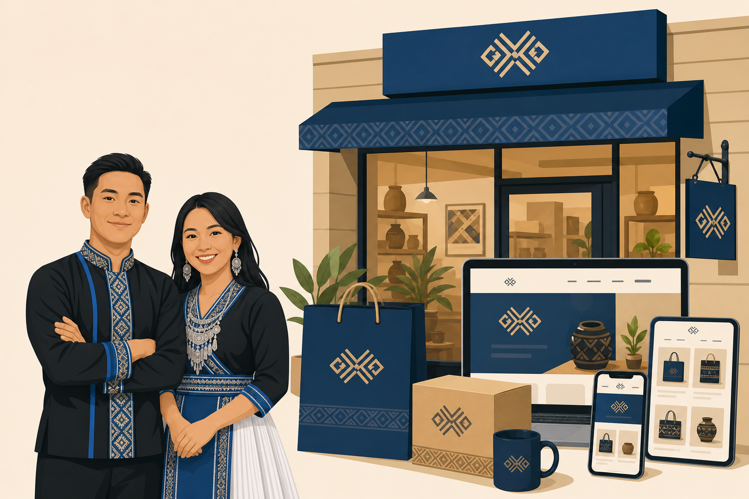 Illustrated couple in traditional embroidered attire stand beside a branded storefront with matching shopping bag, box, mug, laptop and tablet display
