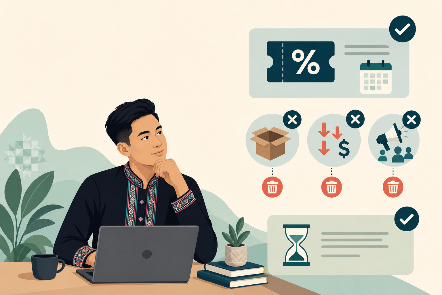 Illustration of a thoughtful man in traditional embroidered clothing using a laptop beside icons comparing valid discount coupons and rejected offers,