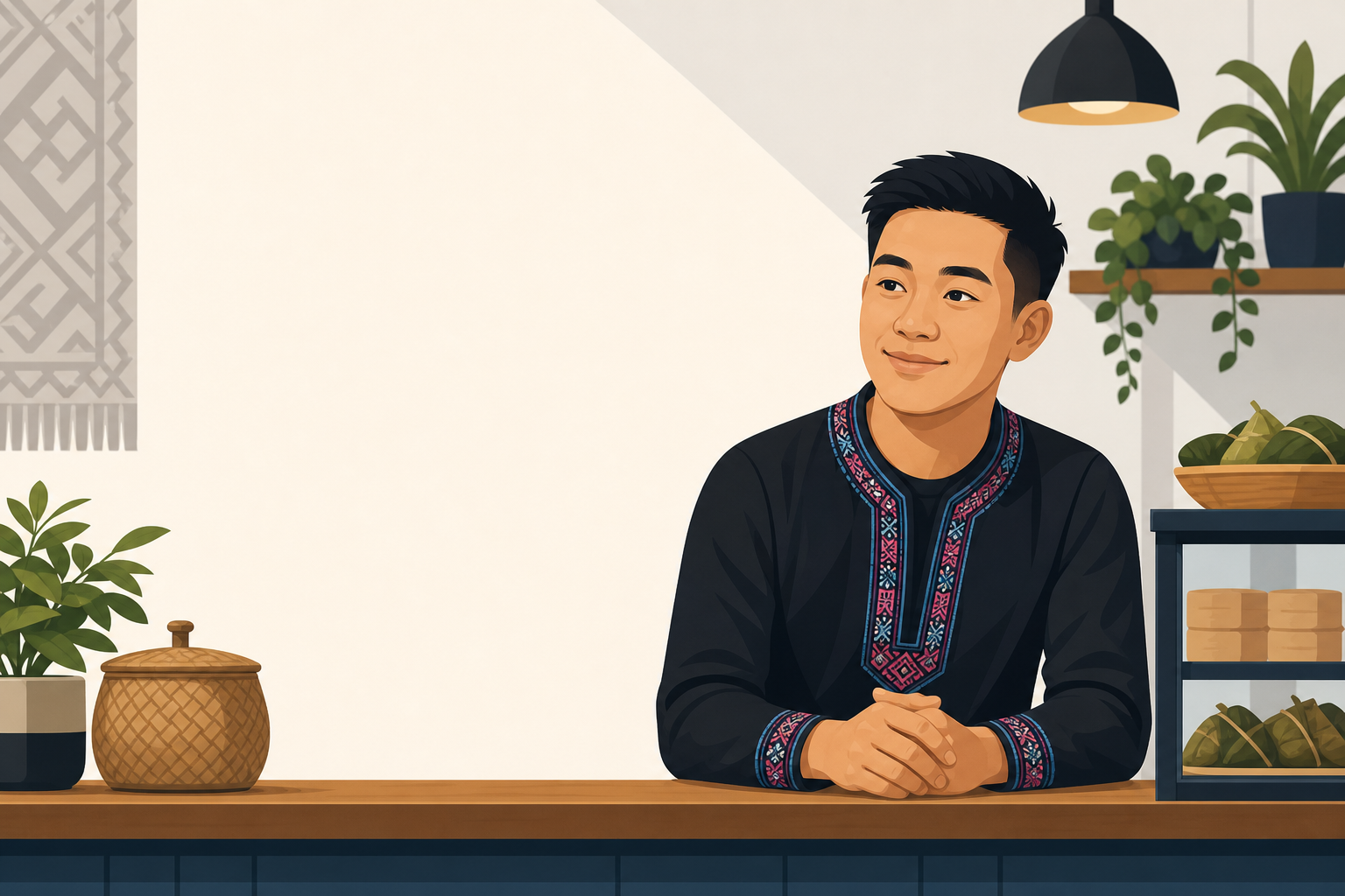 Illustrated young man in an embroidered black tunic leans on a wooden counter beside potted plants and woven baskets, with generous negative space tha