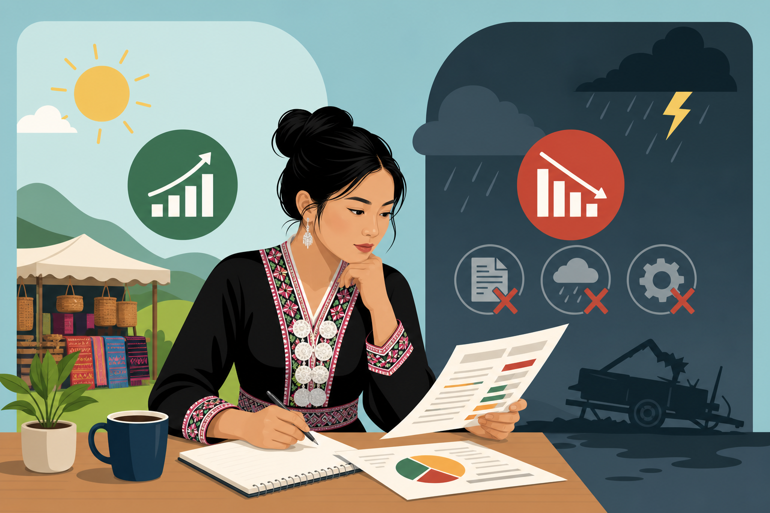Illustration contrasting sunny growth and stormy decline scenes to depict small business budgeting strategies as a woman in traditional embroidered at