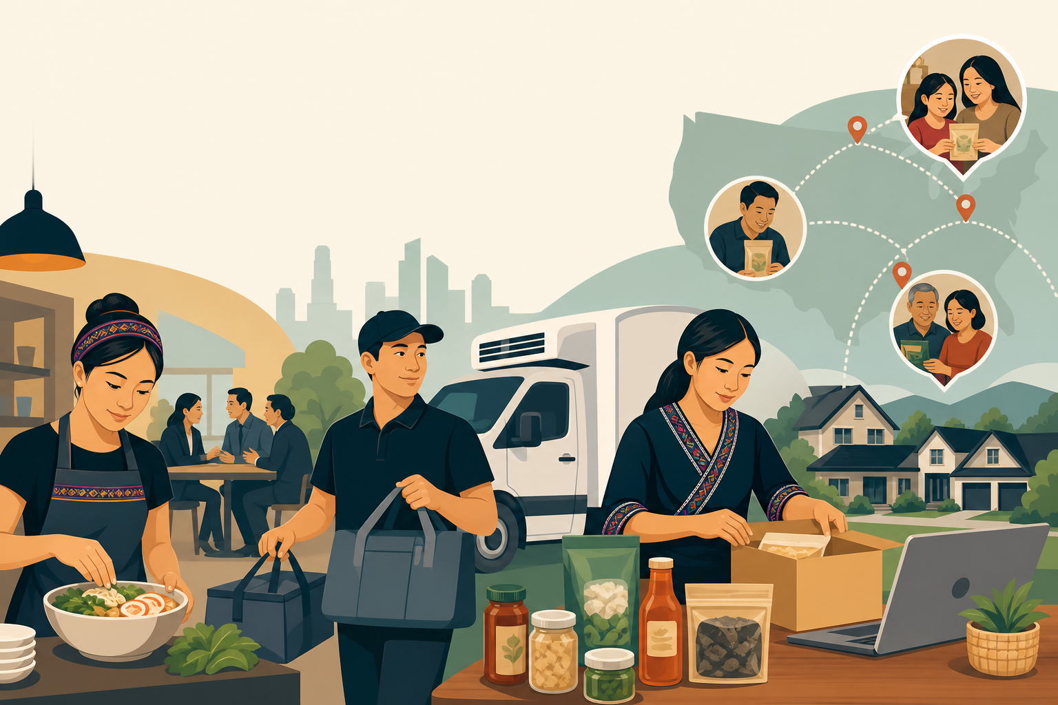 Illustration depicting Hmong entrepreneur success through a woman preparing food, a courier with delivery bags, a packer boxing traditional goods besi