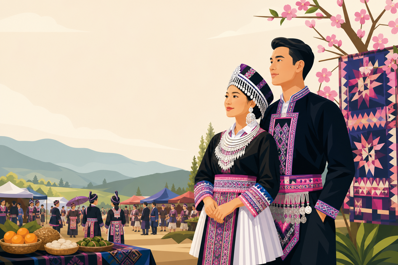 Illustrated couple in traditional embroidered attire and silver jewelry stand before a mountain marketplace with vendors, textiles, and cherry blossom