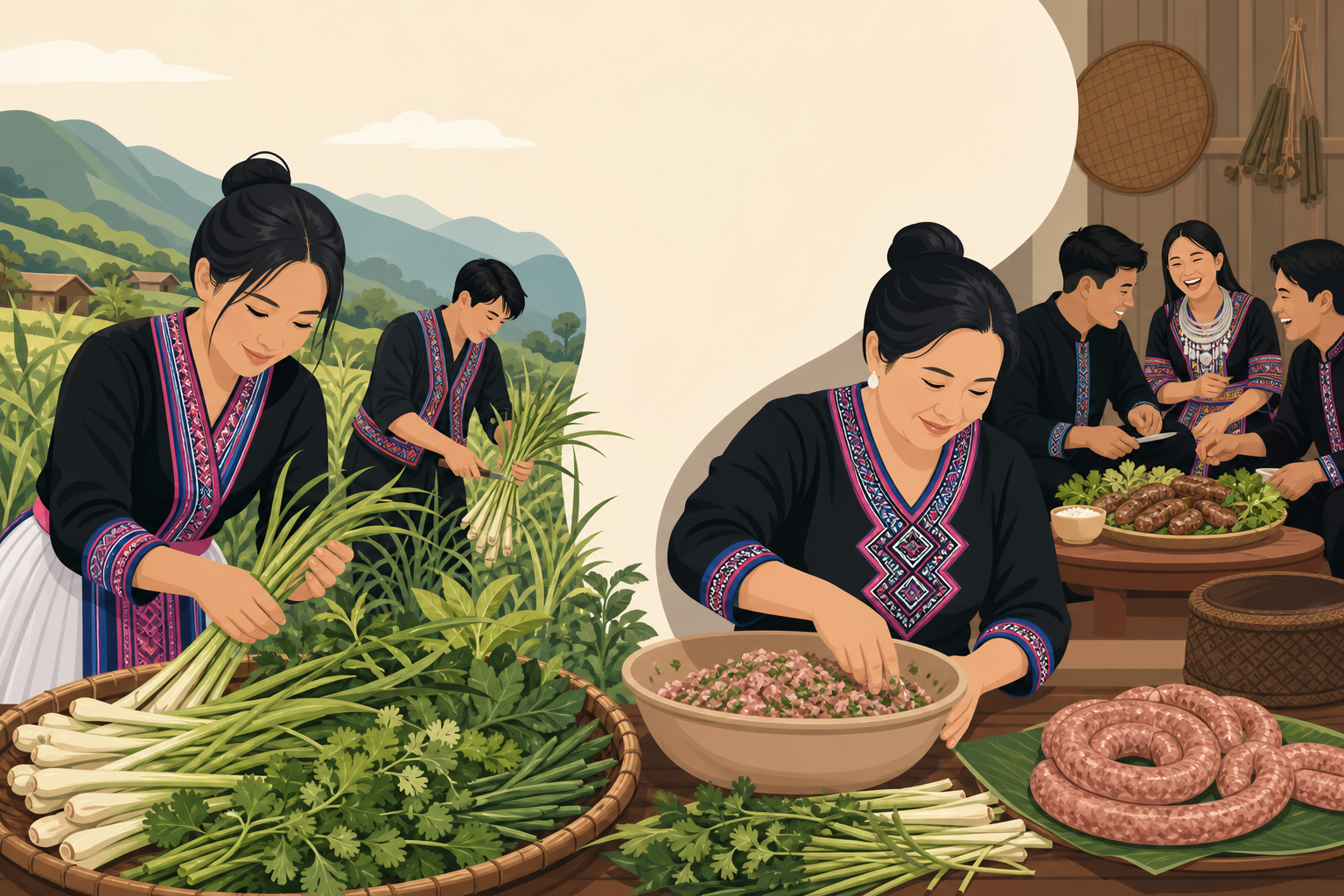 Illustrated scene of Hmong women and men in traditional embroidered attire harvesting lemongrass and herbs, then mixing seasoned pork and coiling link