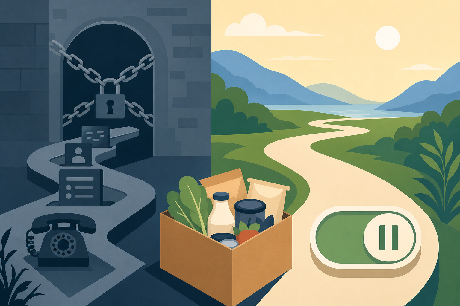 Illustration contrasting a locked stone archway, phone, and forms on the left with a bright path, grocery box, and green pause toggle on the right, sy