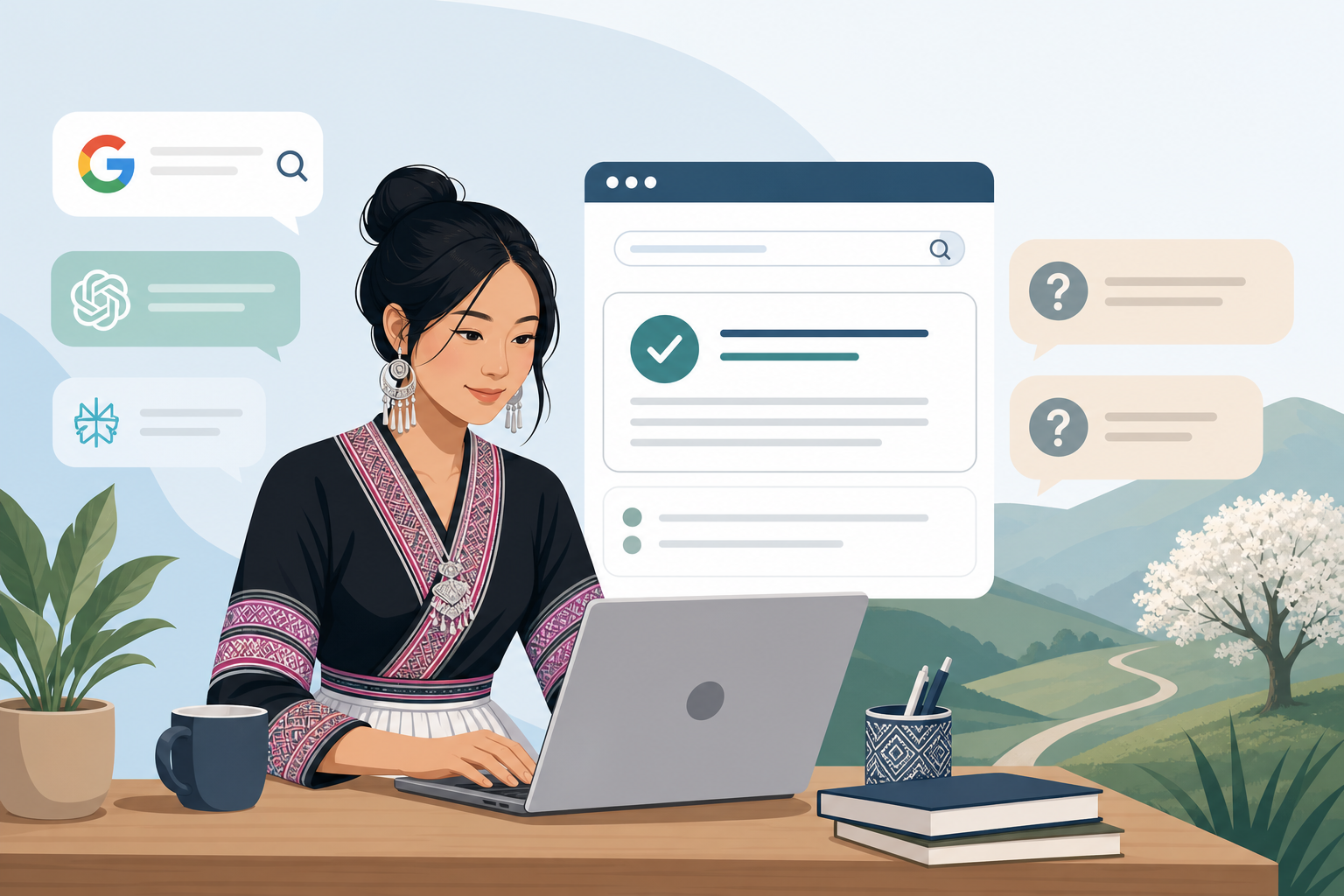 Illustration of a woman in traditional embroidered attire using a laptop at a wooden desk, surrounded by search engine and AI chat bubbles, a checklis