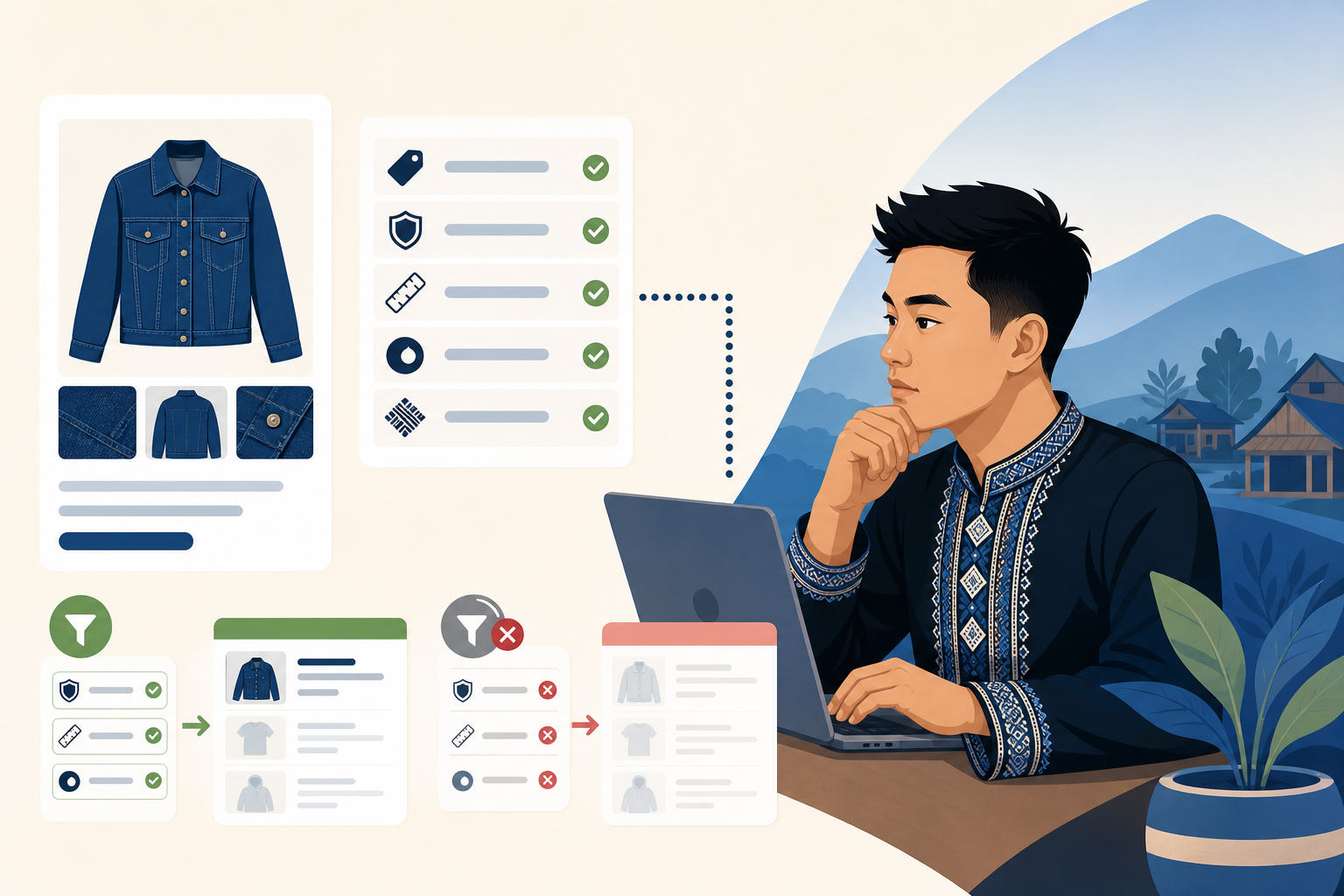 Illustration of a man in traditional embroidered attire browsing a laptop beside a denim jacket product details listing attributes with checkmarks, fi