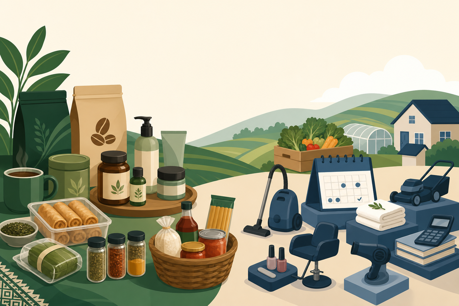 Illustration representing a subscription business model small business, showing coffee, skincare, pantry goods, cleaning tools, salon equipment, and a