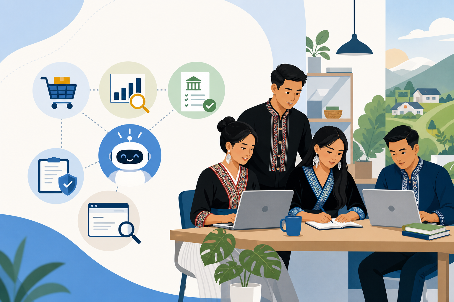 Illustration of four people in traditional attire working on laptops at a table beside icons for shopping, analytics, banking, security, and a chatbot