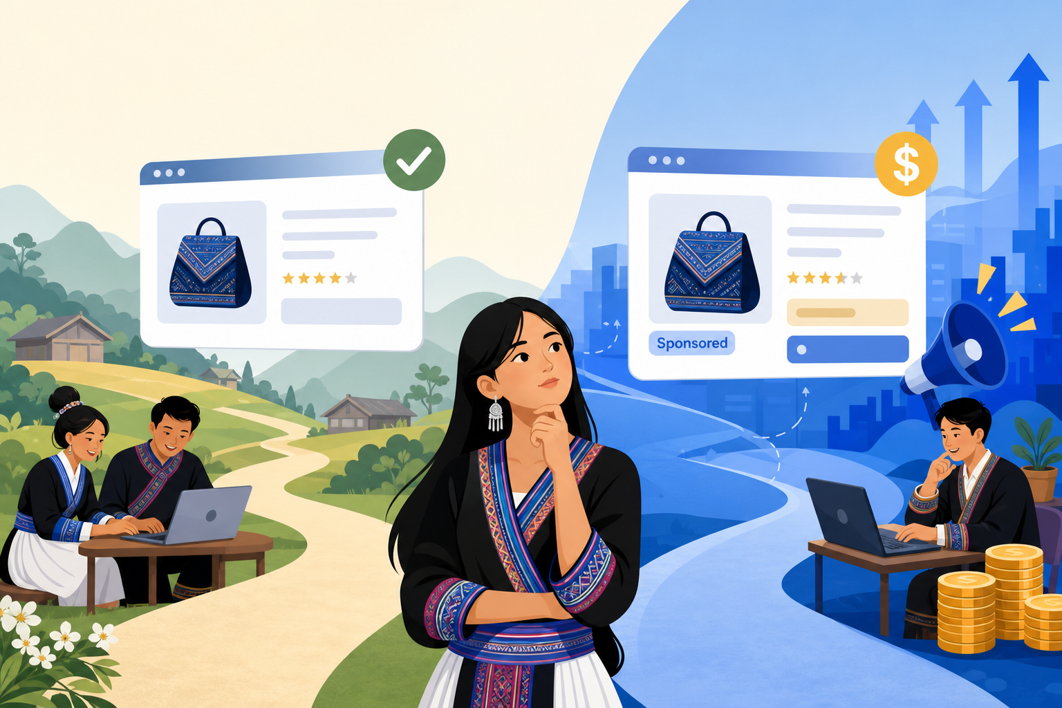 Illustration contrasting a rural village scene with an organic product listing and a city scene with a paid ad, symbolizing how Google Merchant Center
