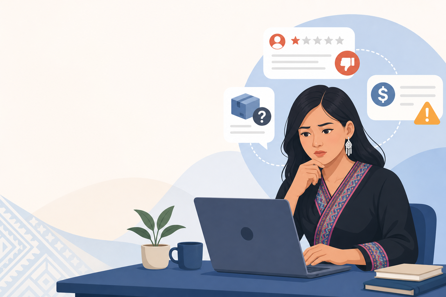 Illustration of a concerned woman at a laptop surrounded by icons for a one-star review, shipping question, and payment warning, symbolizing the need 