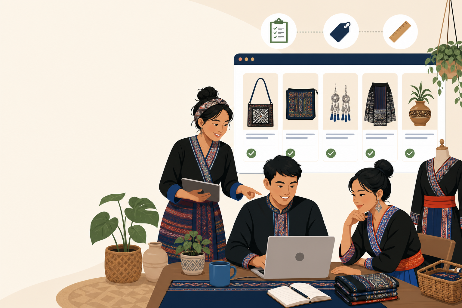 Illustration of three people in traditional embroidered attire reviewing a laptop and tablet while an online storefront displays product details listi