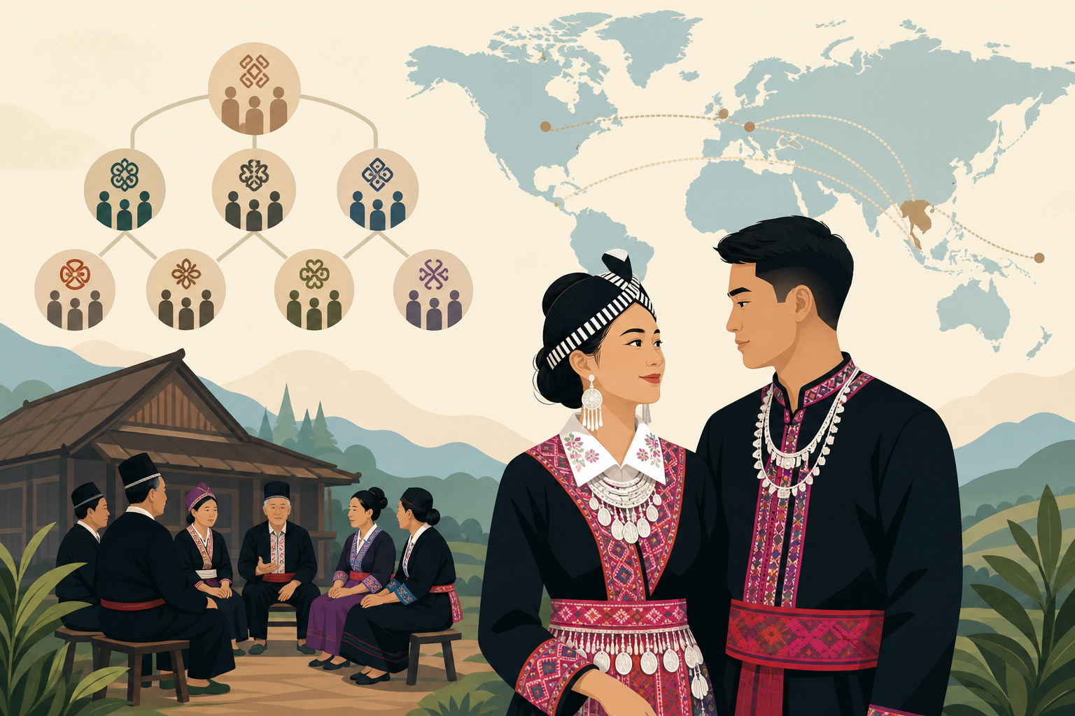 Illustrated banner depicting a couple in traditional embroidered attire beside a village elder gathering, a clan symbol family tree, and a world map w
