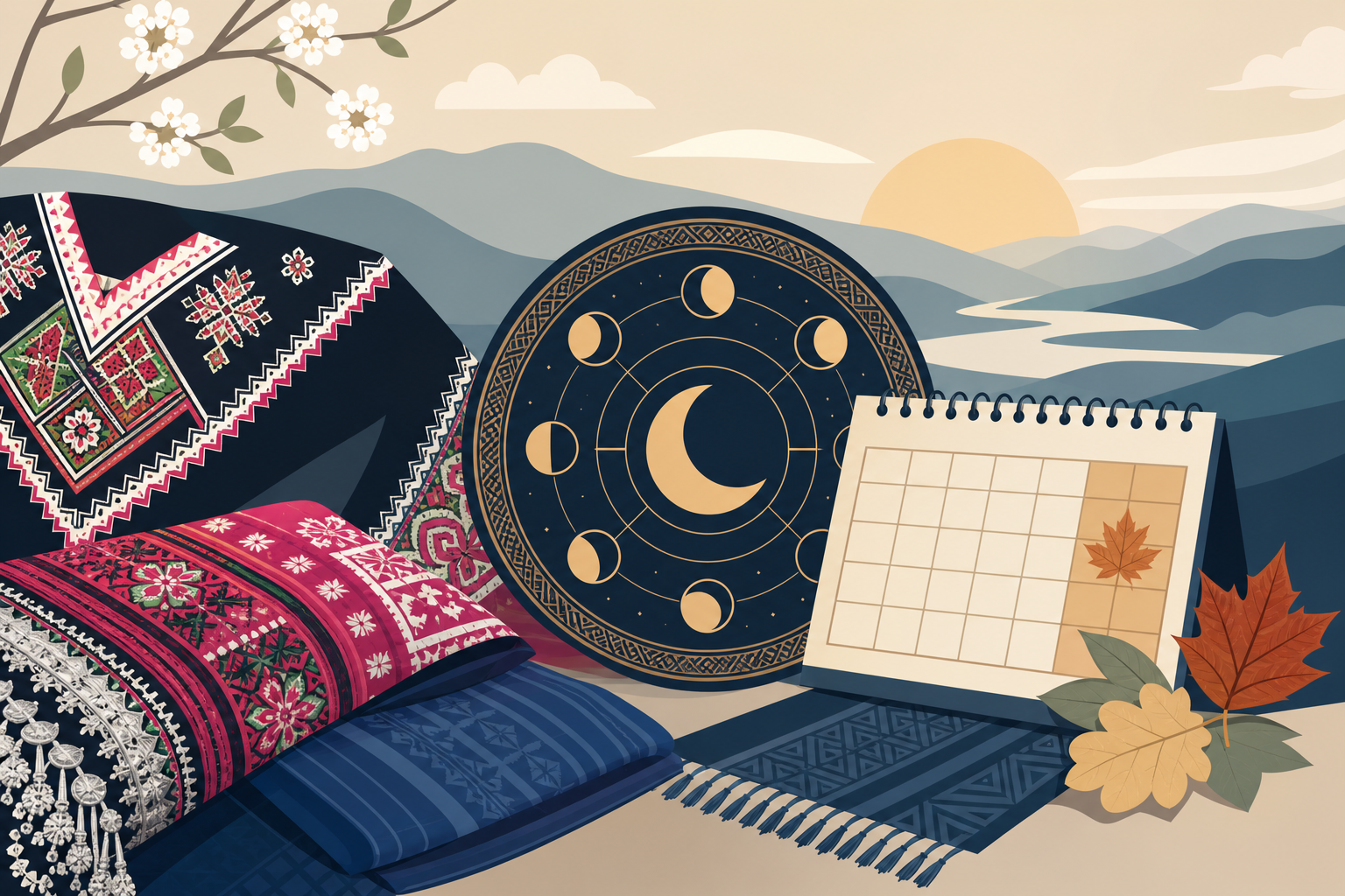 Illustrated banner for a Hmong New Year traditions guide featuring folded embroidered textiles, a moon-phase circular emblem, a blank spiral calendar,