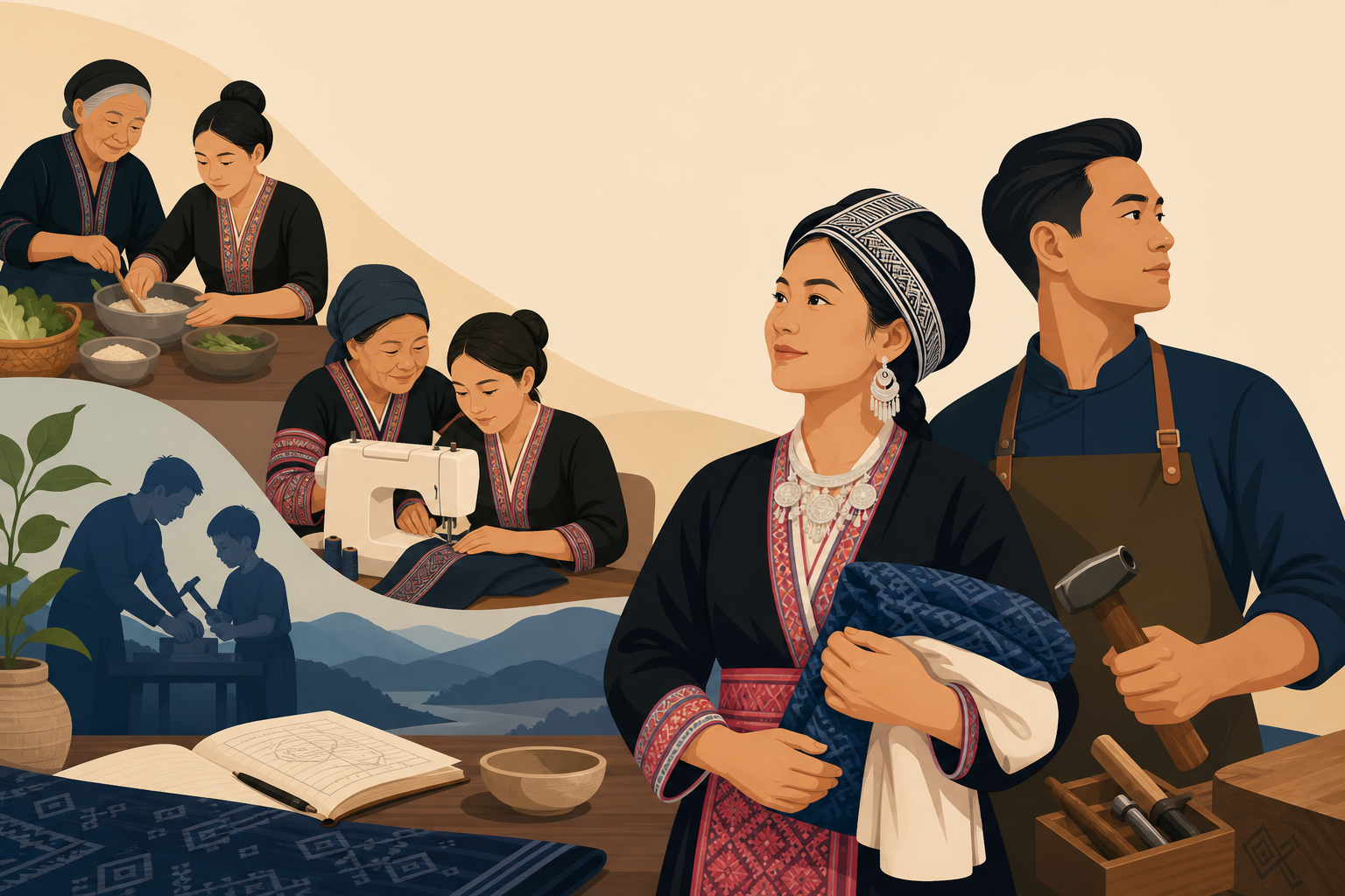 Illustrated banner depicting a Hmong entrepreneur success story, showing traditional embroidered clothing, sewing, cooking, woodworking, and a young m