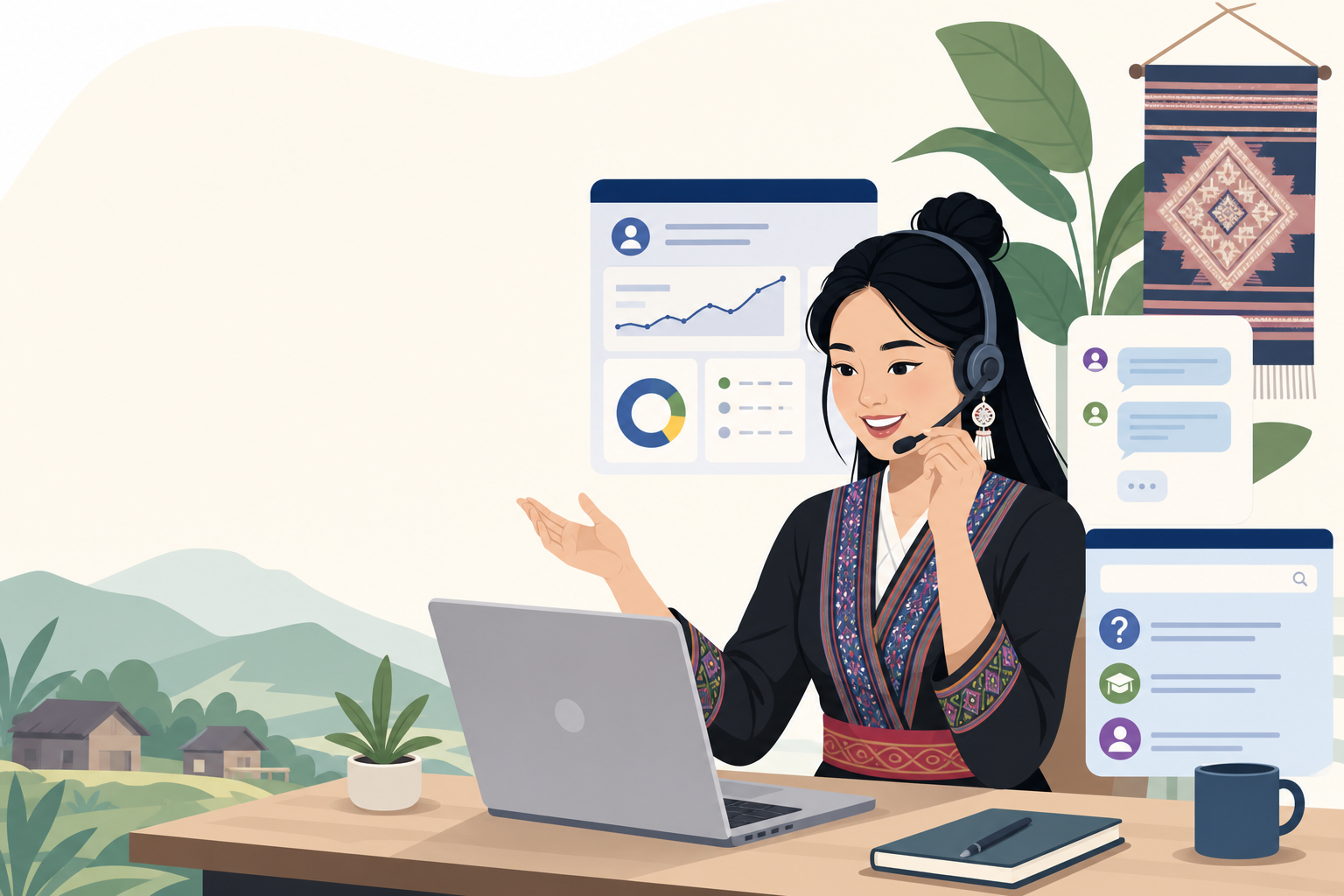 Illustration of a woman in traditional embroidered attire wearing a headset while gesturing at a laptop, surrounded by chat bubbles, dashboard graphs,