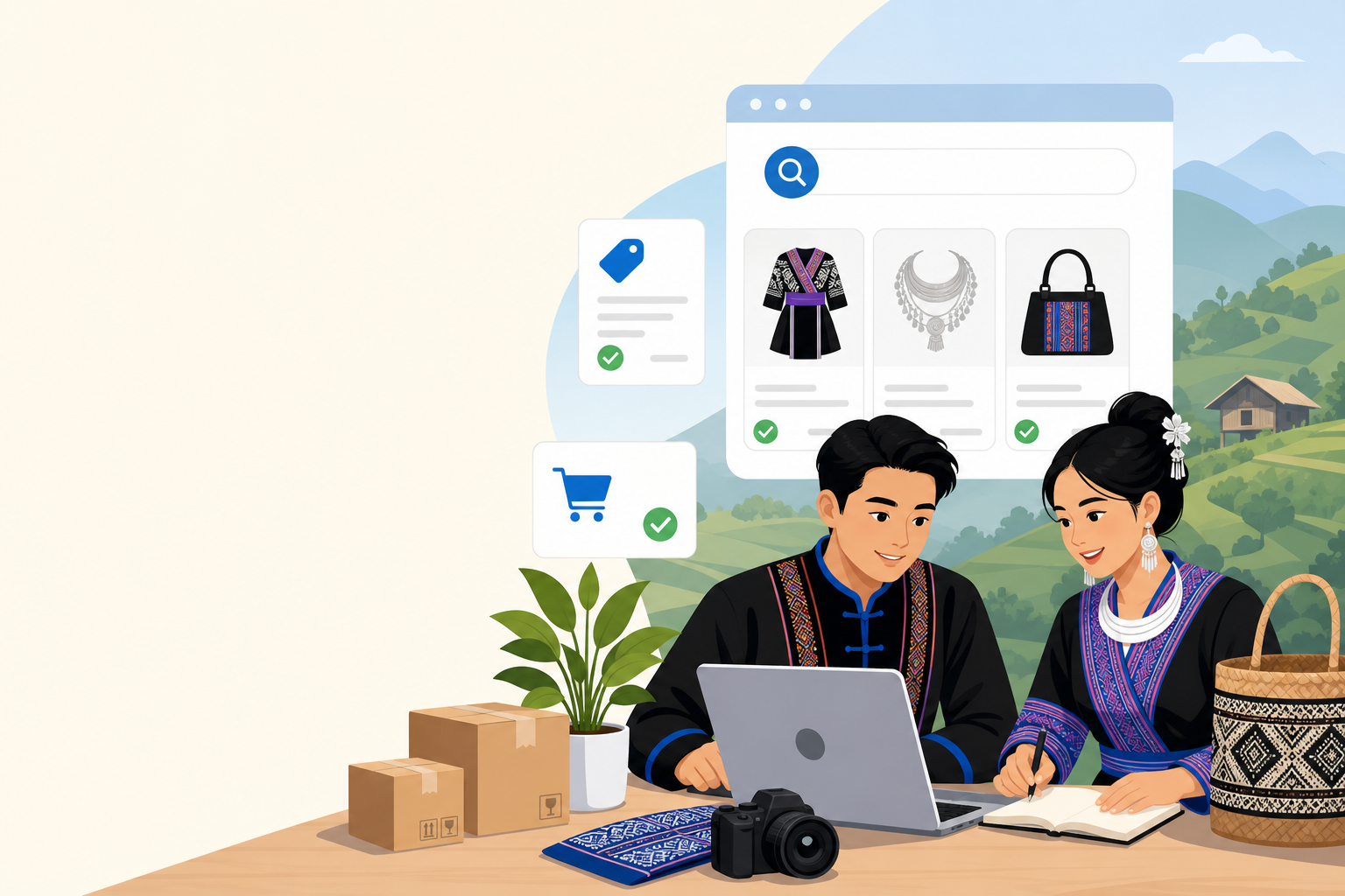 Illustration of a couple in traditional embroidered attire using a laptop and notebook beside shipping boxes and a camera, with an online storefront s