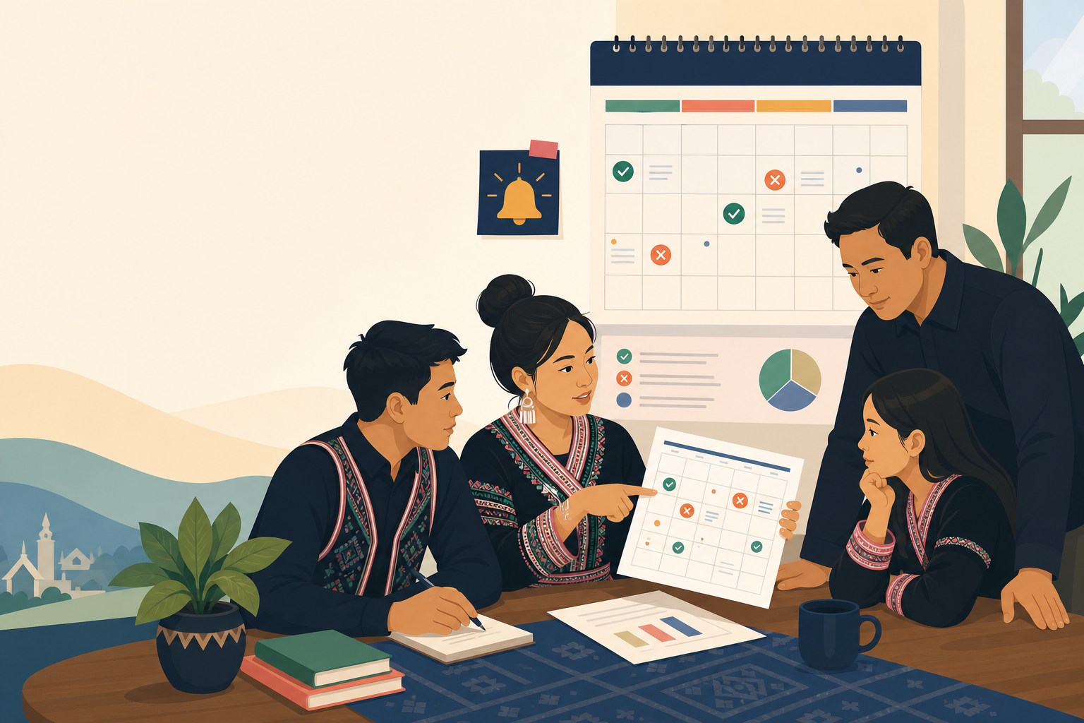 Illustration of four people in traditional embroidered attire reviewing a checklist calendar and chart at a wooden table, representing quarterly marke