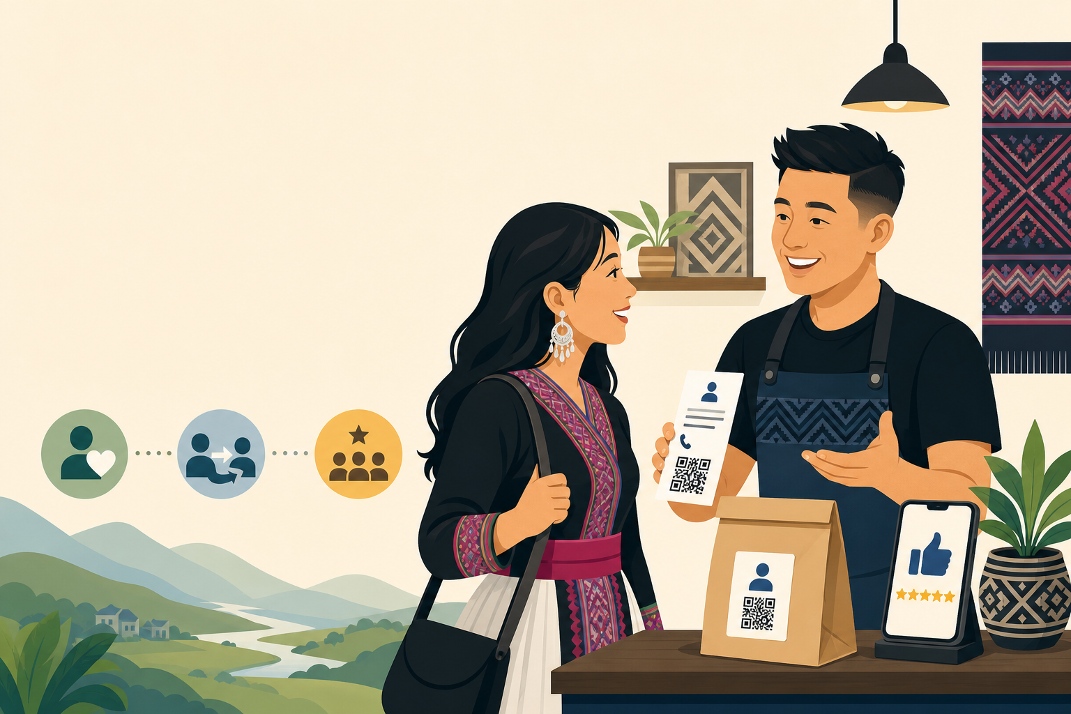 Illustration of a smiling shop owner in traditional embroidered attire holding a QR code card while a customer with a woven bag looks on, surrounded b