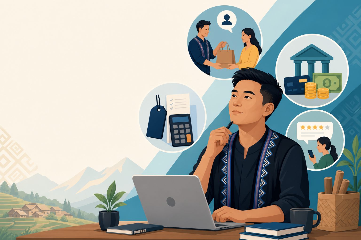 A thoughtful entrepreneur in traditional embroidered attire works on a laptop surrounded by icons for sales, banking, pricing and customer reviews, il
