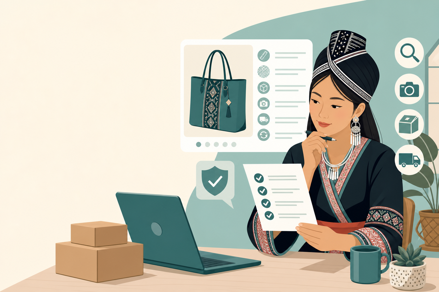 Illustration of a woman in traditional attire reviewing a checklist beside a laptop and product listing, symbolizing compliance with an online store's