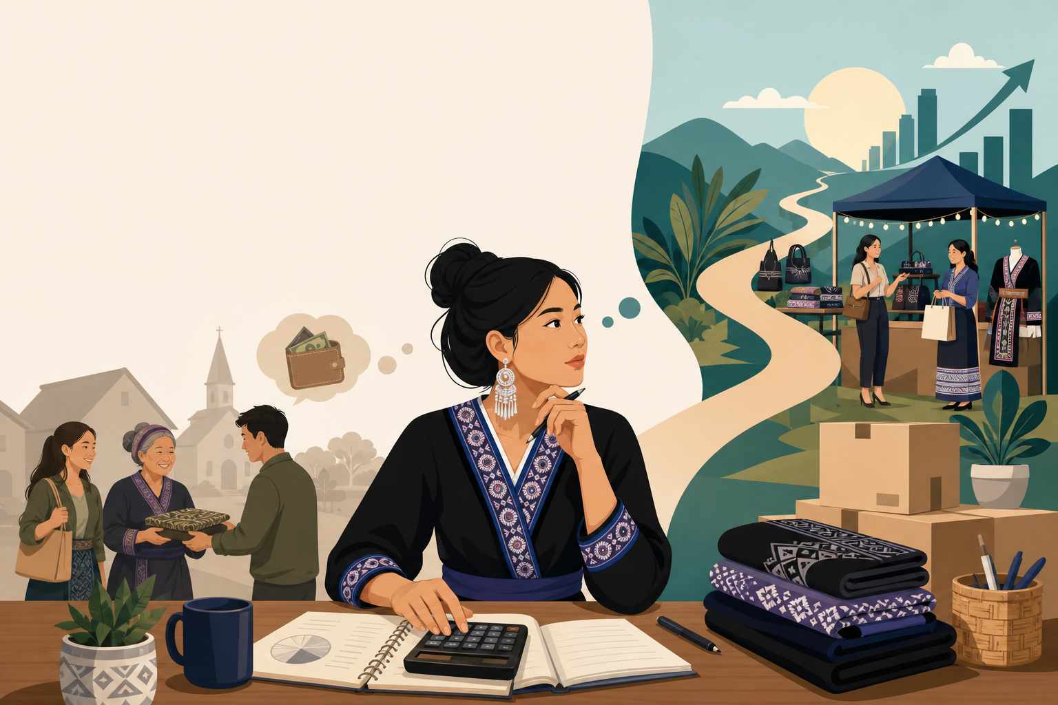 Illustration offering advice for new small business owners, showing a woman in traditional embroidered attire planning finances at a desk while envisi