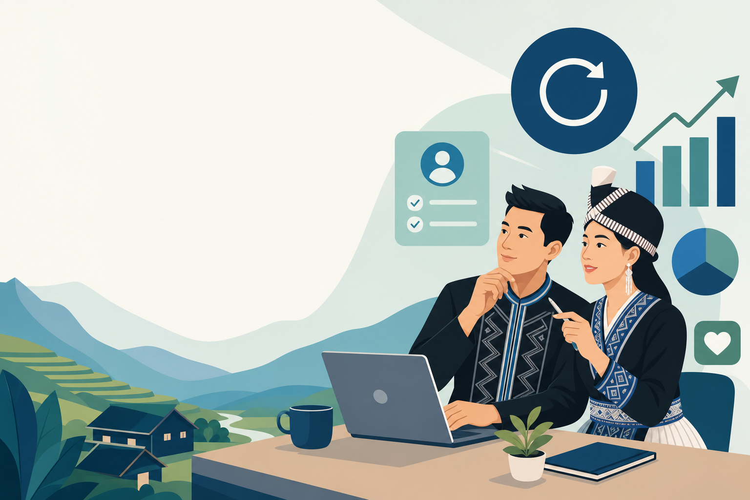 Illustration of a man and woman in traditional embroidered attire discussing a laptop with growth charts, checklists, and refresh icons, symbolizing a