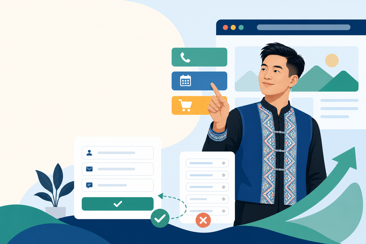Illustration of a man in traditional embroidered attire selecting call, calendar, and cart icons beside browser and form graphics, symbolizing small b
