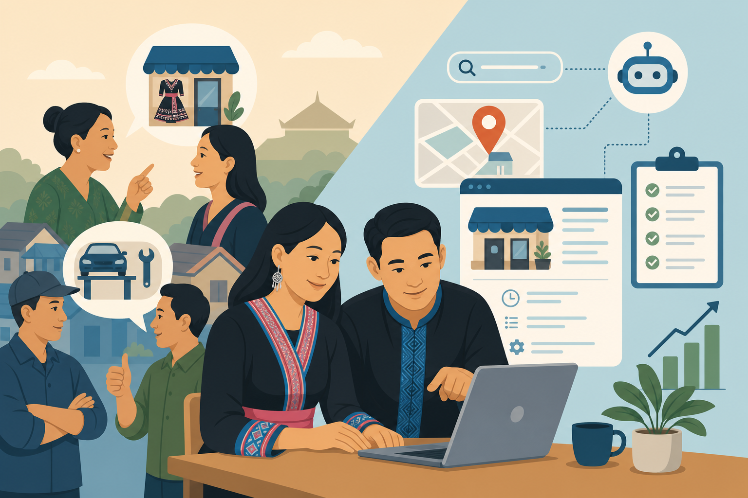 Illustration split between neighbors chatting about local shops and mechanics on the left and a couple viewing a laptop with map, search bar, chatbot,