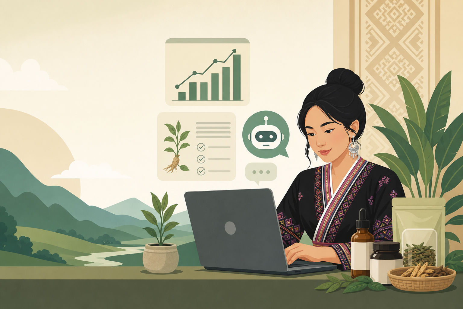 Illustrated woman in traditional Hmong dress uses a laptop beside herbal tinctures and dried roots, with growth charts and chatbot icons symbolizing H