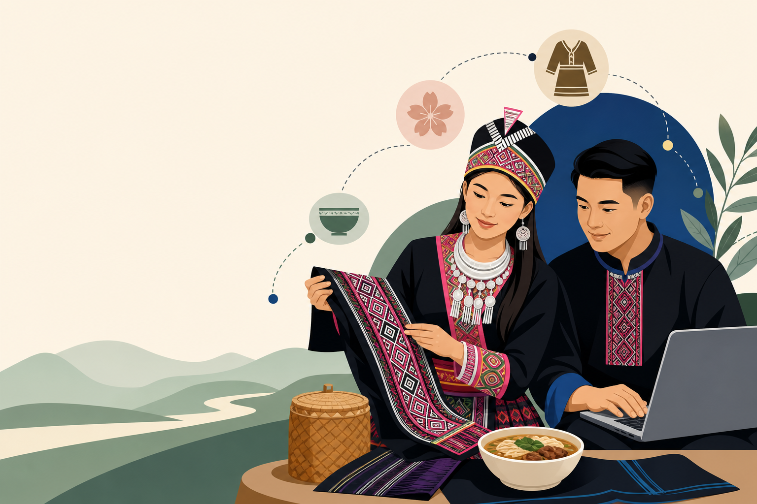Illustration of a woman and man in traditional embroidered Hmong attire examining a woven textile beside a laptop and noodle bowl, with icon bubbles r