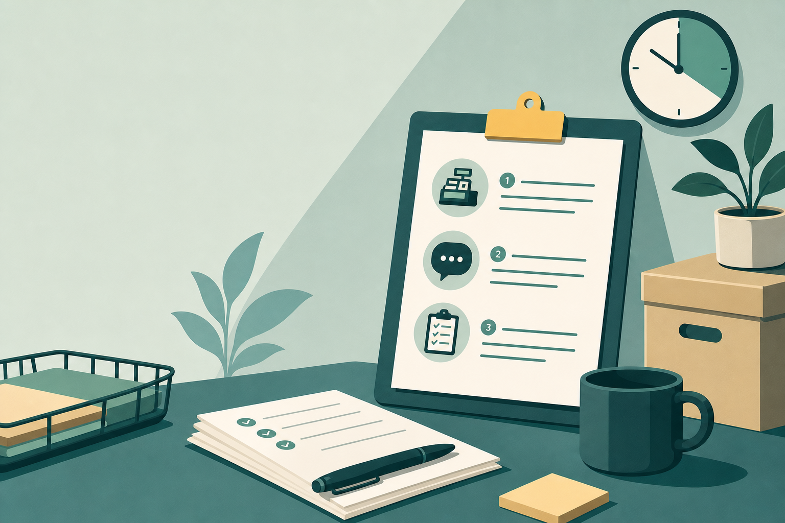 Flat-style illustration of a desk with a numbered checklist clipboard, wall clock, notepad, coffee mug, and plant, symbolizing time management for sma