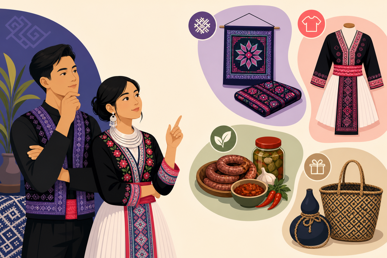 Illustrated Hmong-style couple in embroidered attire beside icons for a product details listing attributes including textile wall hanging, traditional