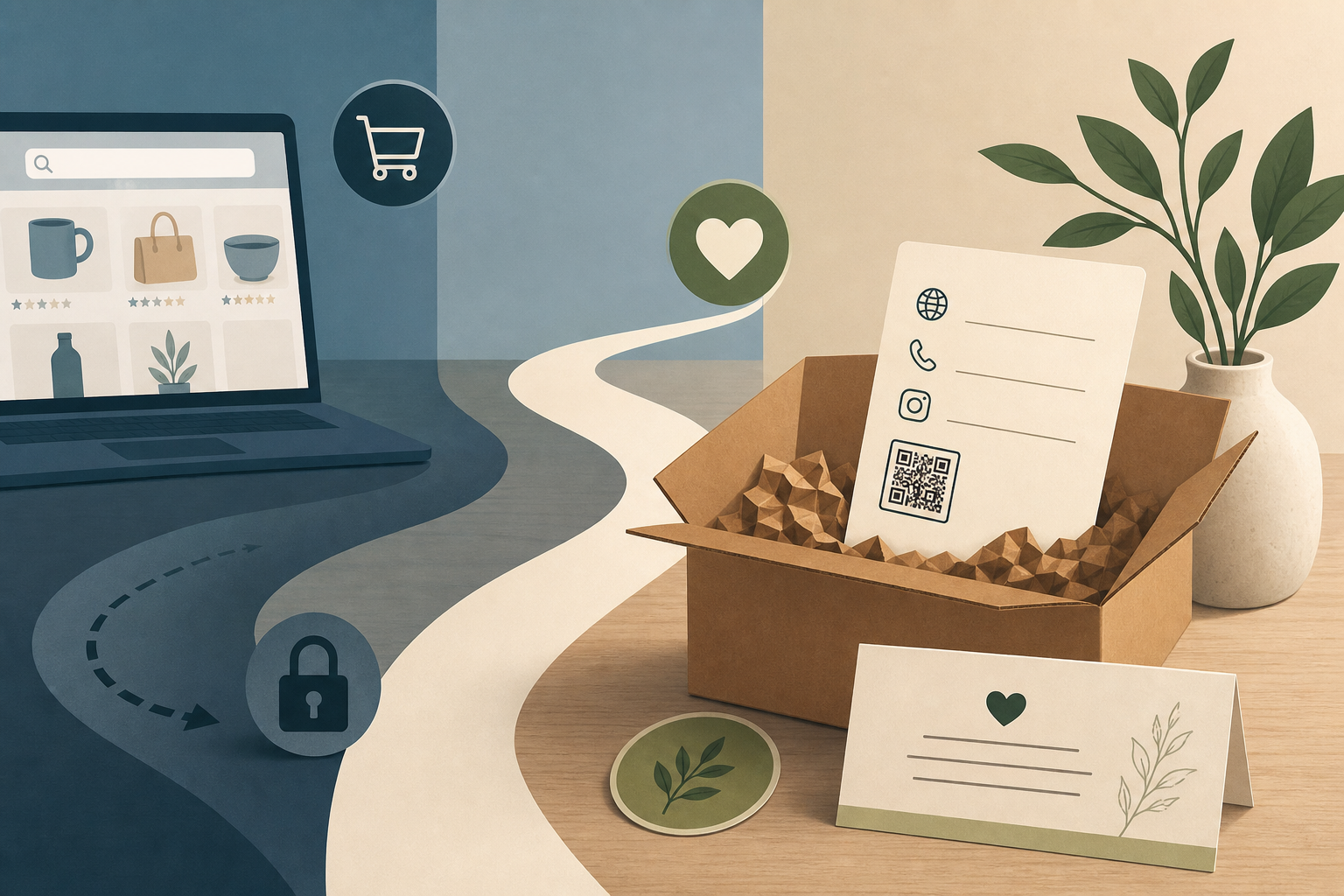 Illustration depicting selling on online marketplaces, with a laptop shopping screen connected by a winding path to an unboxed package featuring a QR 