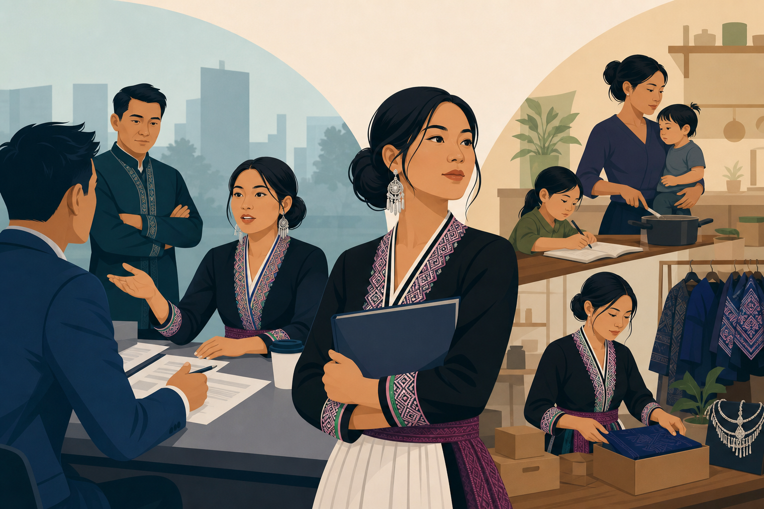 Illustrated banner depicting Hmong women entrepreneurs in traditional embroidered attire balancing business meetings, family caregiving, and small-sca