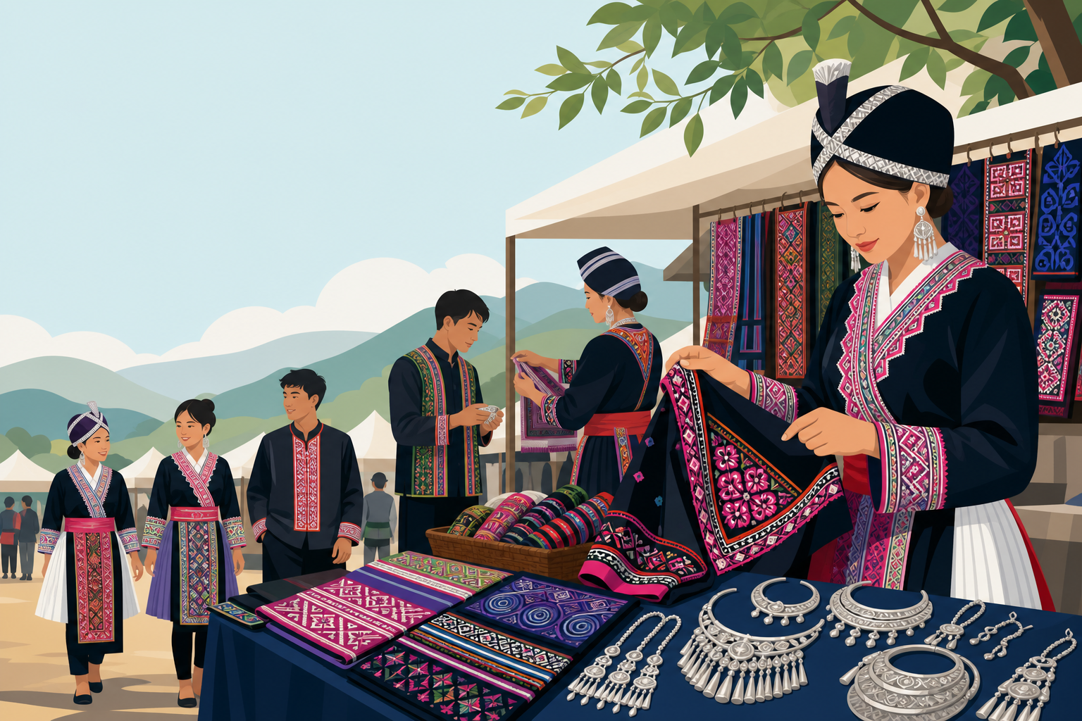 Vendors in traditional embroidered attire display textiles and silver jewelry on a market table at a Hmong arts and crafts fair, with mountain scenery