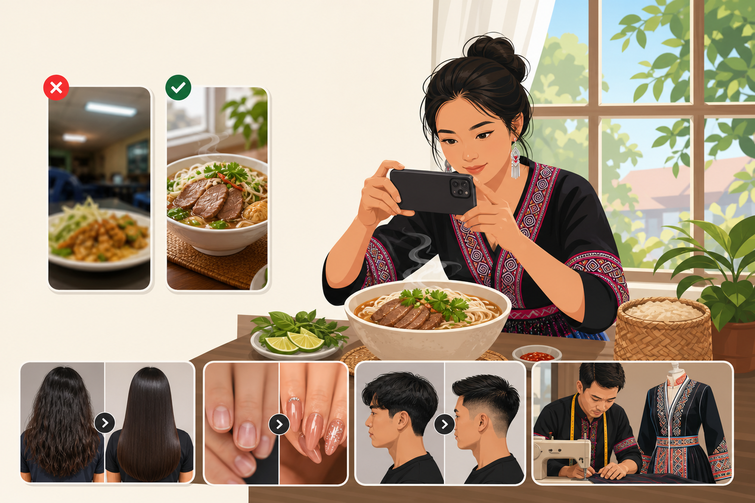 Illustrated woman in traditional Hmong embroidered clothing photographs a steaming beef noodle bowl, surrounded by before-and-after comparisons of hai
