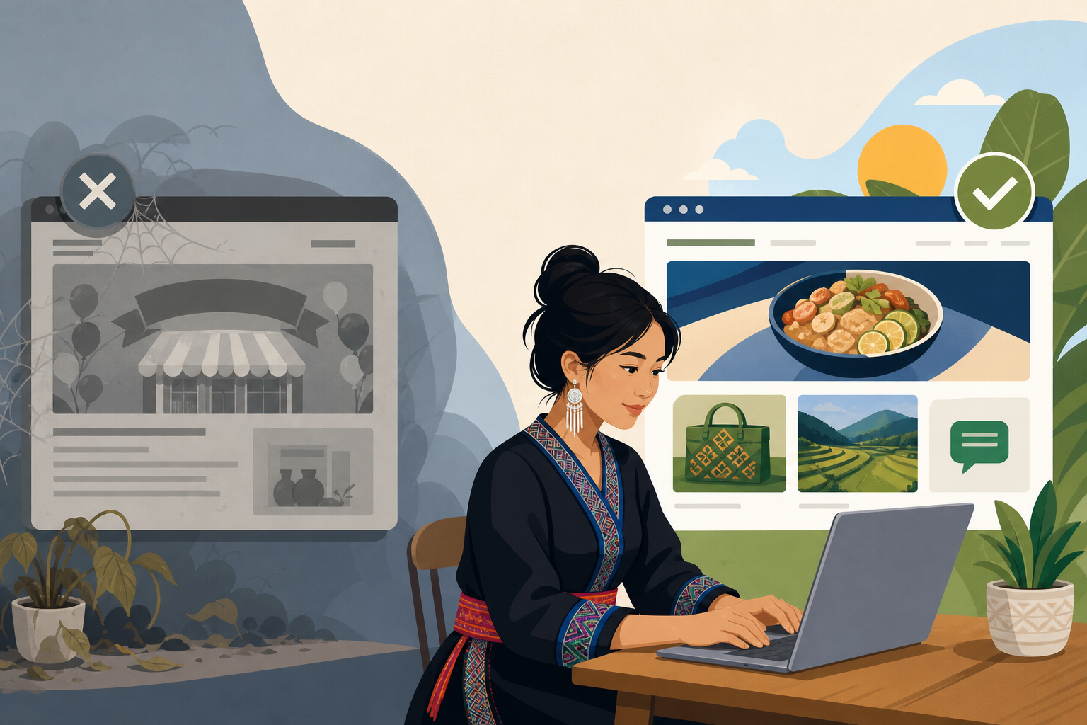 Illustration of a woman in traditional attire updating a laptop with a vibrant, well-organized site featuring food, handbags, and landscape photos, co