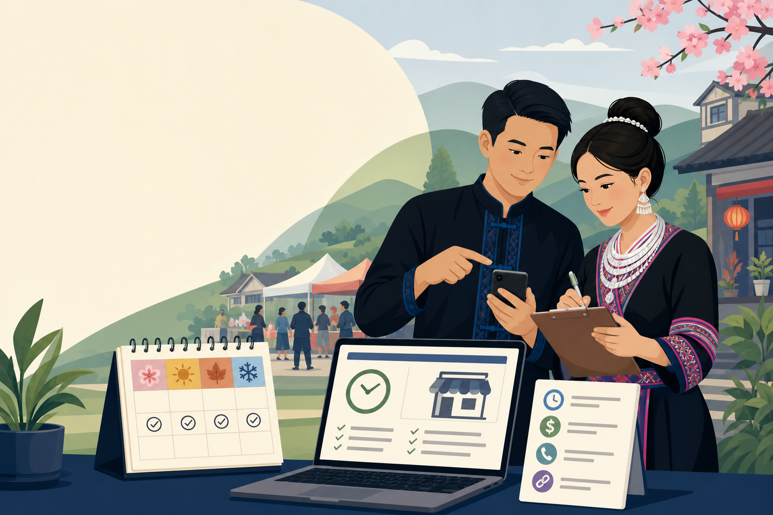 Illustrated couple in traditional attire review a smartphone and clipboard beside a laptop displaying a storefront checklist, a seasonal calendar, and