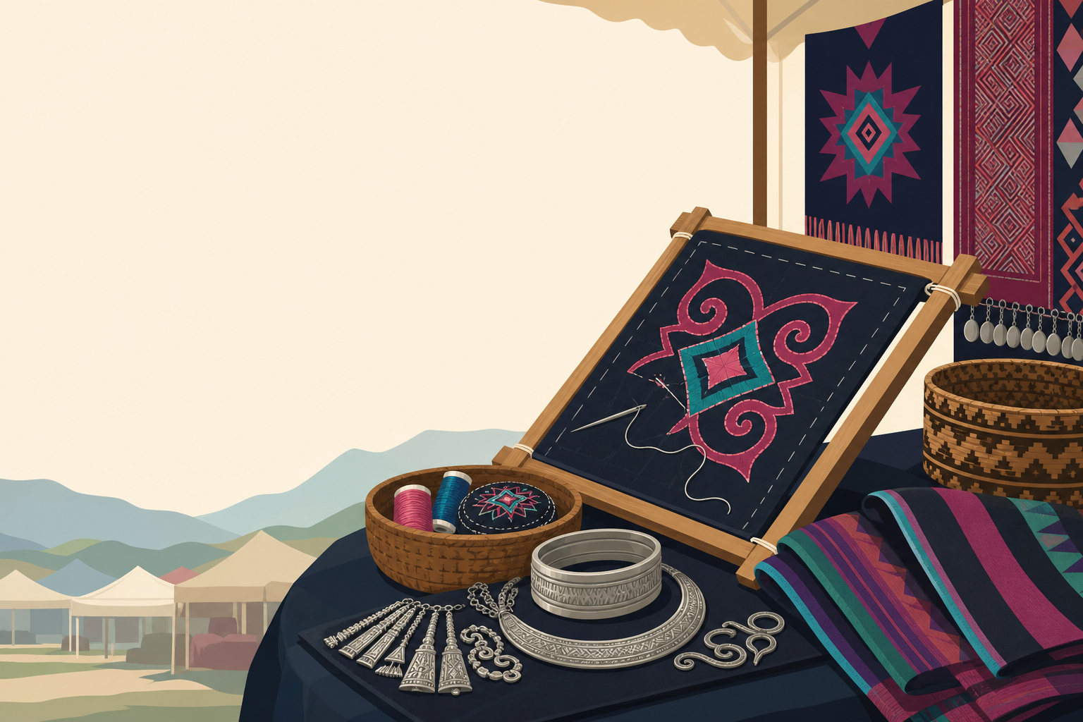 A market stall displays traditional embroidery hoops, silver jewelry, woven baskets, and striped textiles with mountain-view tents in the background,
