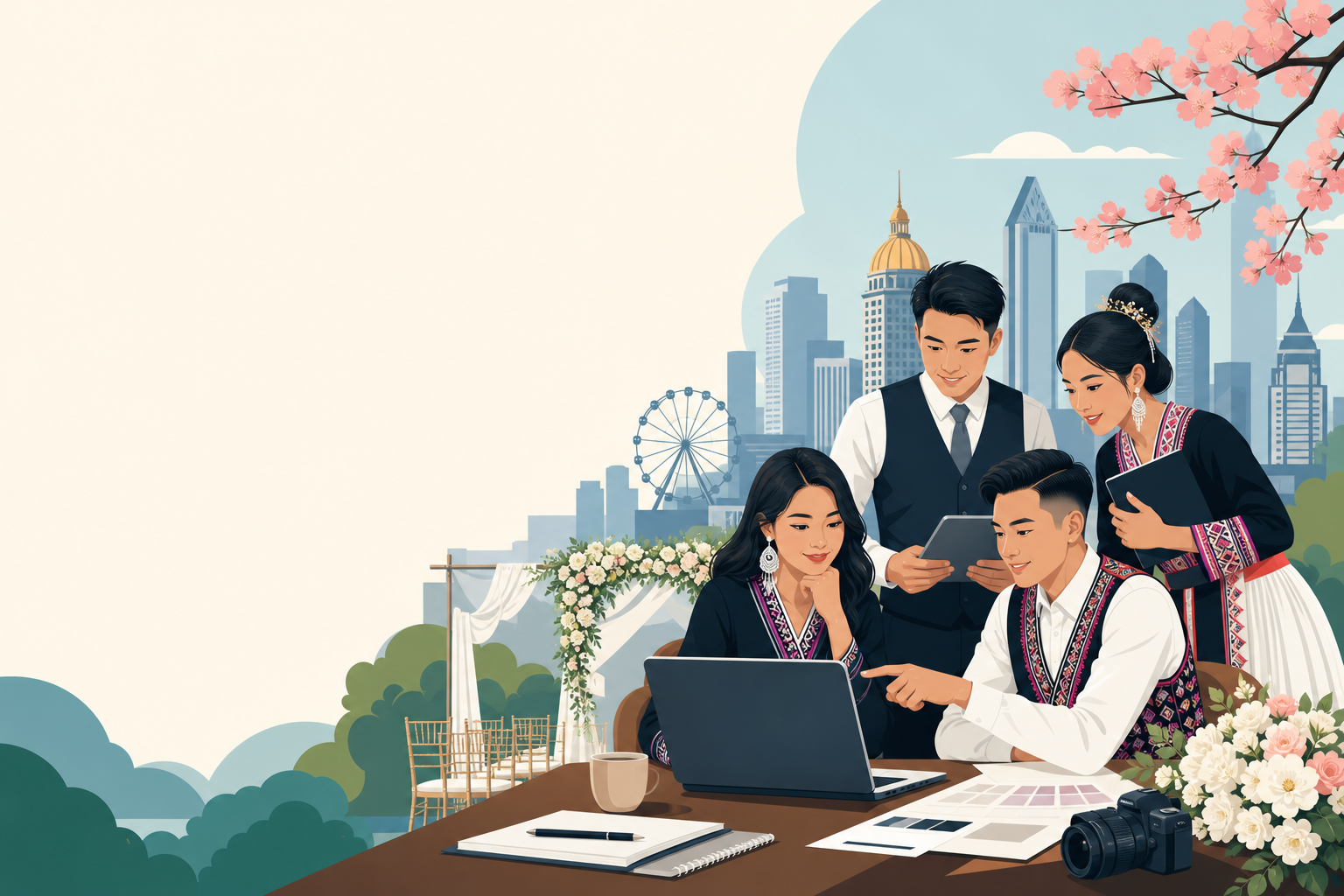 Illustration of four people in traditional embroidered attire reviewing a laptop, tablet, and color swatches at a table with a camera and notebook, an