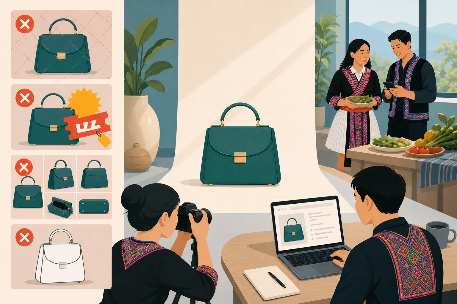 Illustration showing a photographer capturing a teal handbag on a studio backdrop while a colleague uploads listing photos to a laptop, with rejected