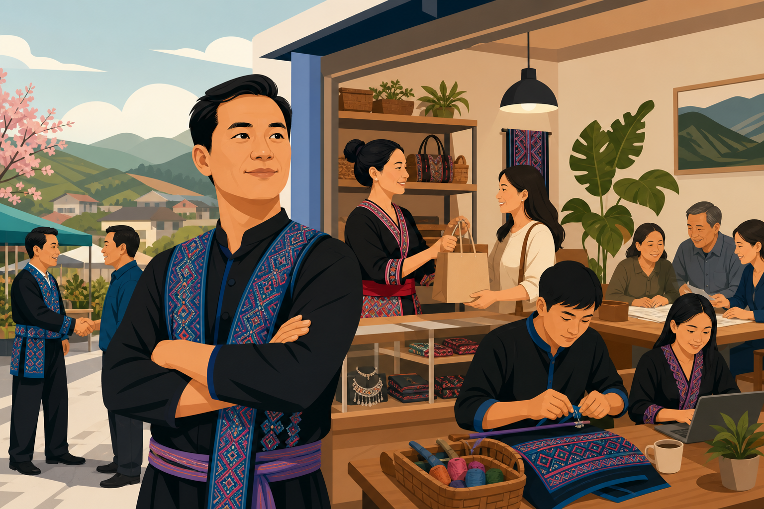 Illustrated scene of a confident Hmong entrepreneur success story, showing a man in traditional embroidered attire crossing his arms in front of a bus